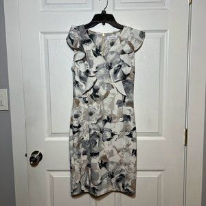 Calvin Klein Dress NWOT Scuba ruffle grey floral V-neck